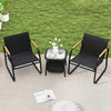 Black outdoor bistro conversation set featuring two chairs with wood accents and a small table, perfect for patio use.