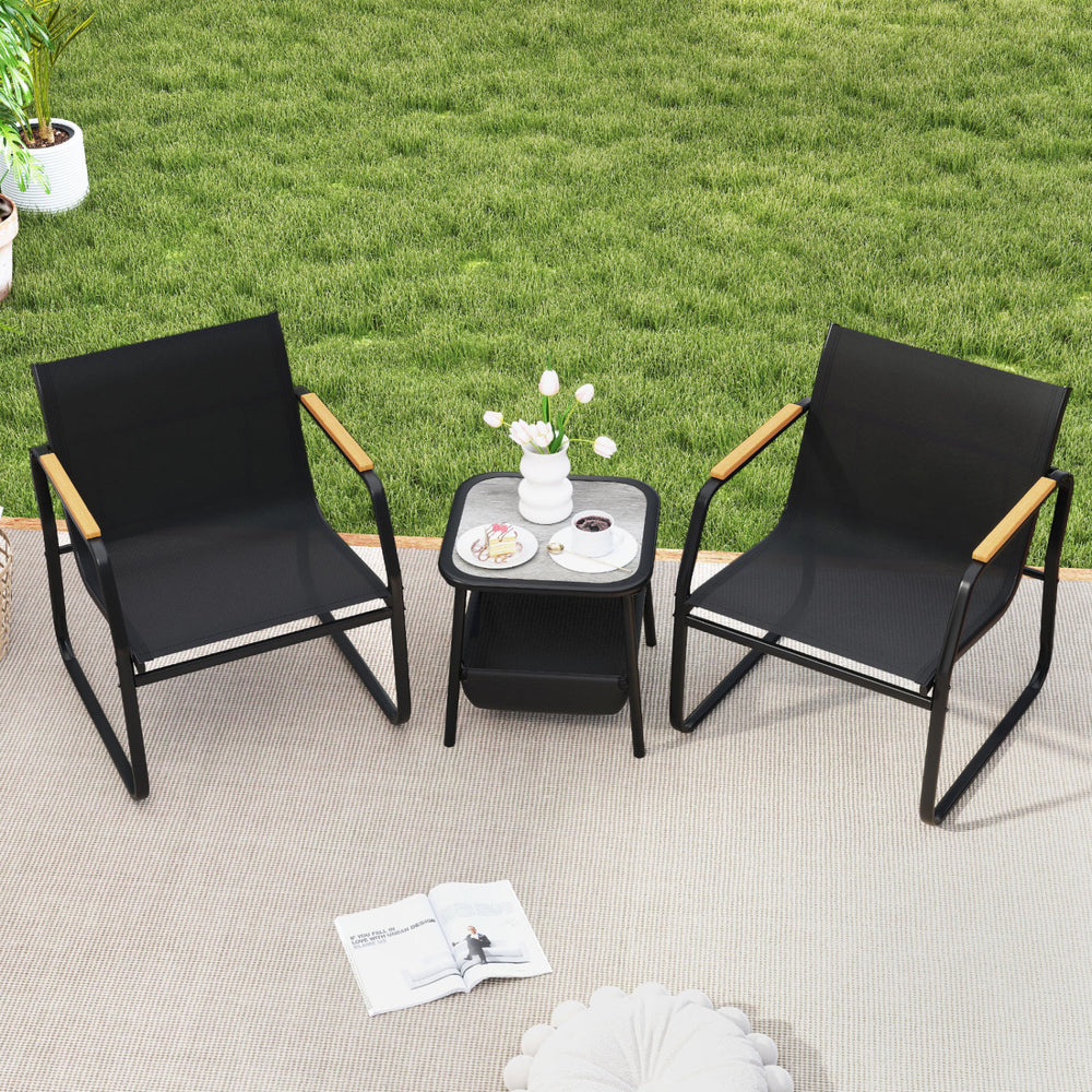 Black outdoor bistro conversation set featuring two chairs with wood accents and a small table, perfect for patio use.
