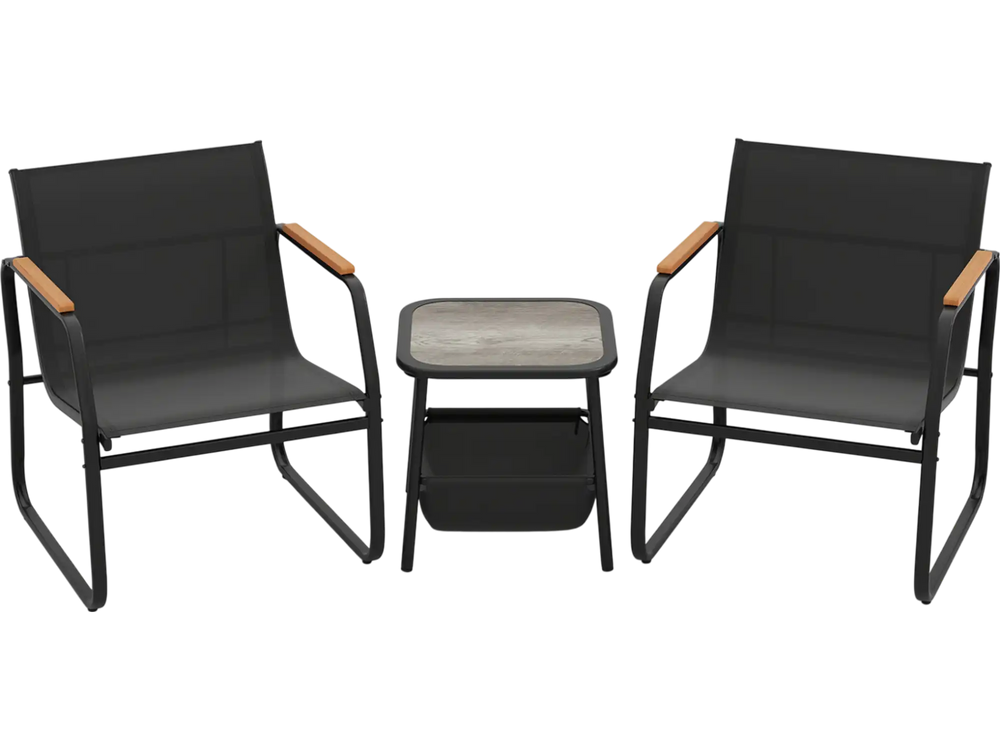 Black 3-piece patio furniture set featuring two chairs with wood armrests and a side table for outdoor bistro.