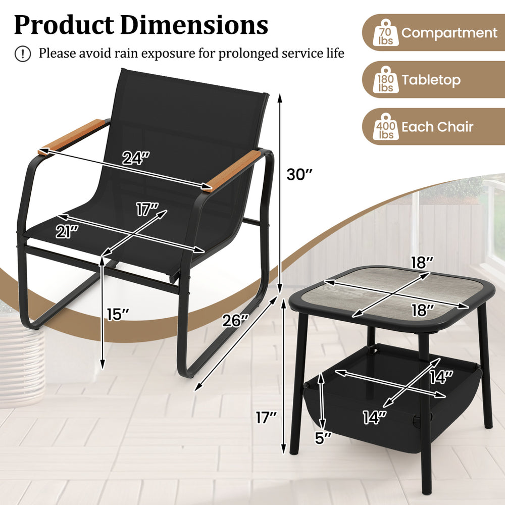 Black 3-piece patio furniture set featuring a chair with armrests and a side table, ideal for outdoor bistro.