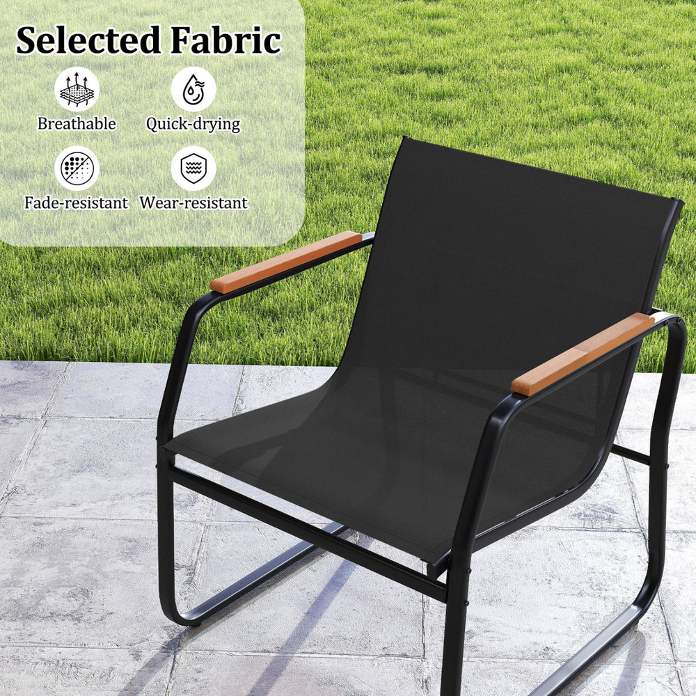 Black outdoor bistro chair with breathable, quick-drying fabric and wooden armrests, perfect for patio relaxation.