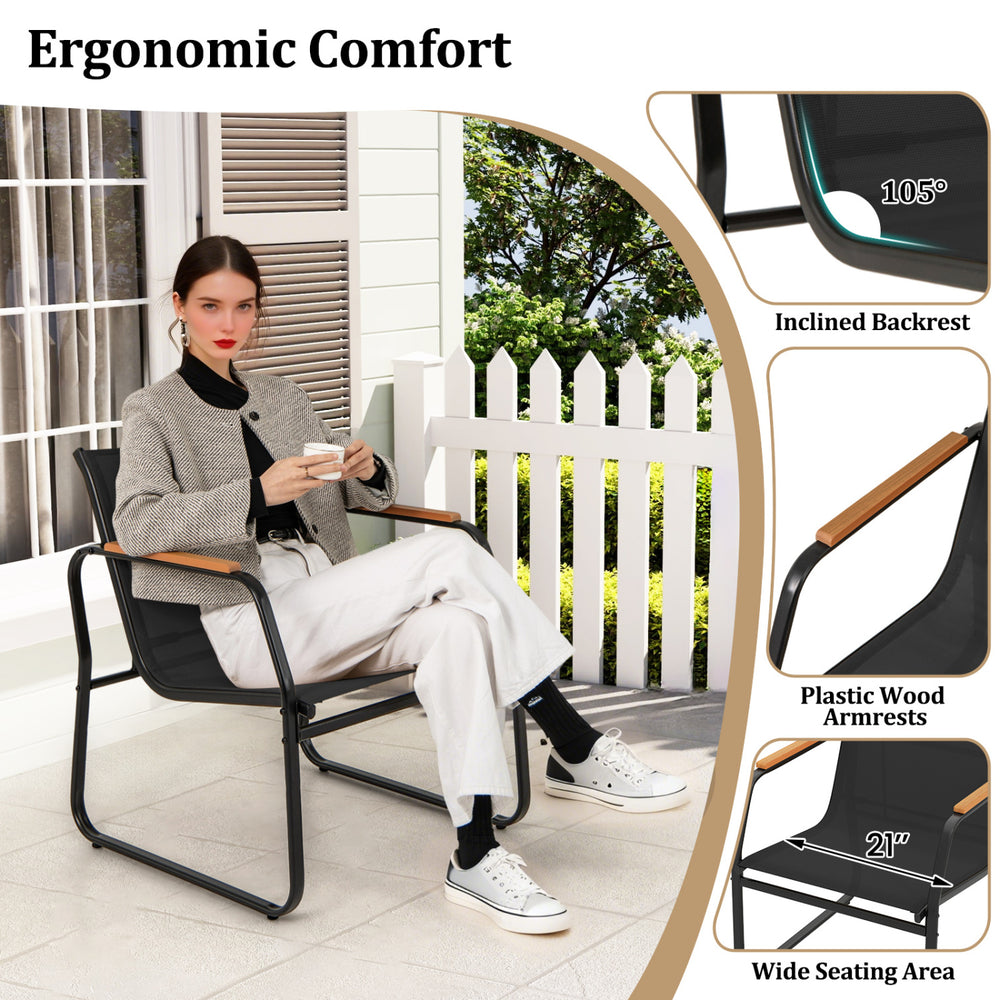 Black outdoor bistro chair with inclined backrest and plastic wood armrests, ideal for patio conversation.