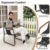 Black outdoor bistro chair with inclined backrest and plastic wood armrests, ideal for patio conversation.