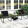 Black 3-piece patio furniture set featuring two chairs with wood accents and a side table, perfect for outdoor bistro.