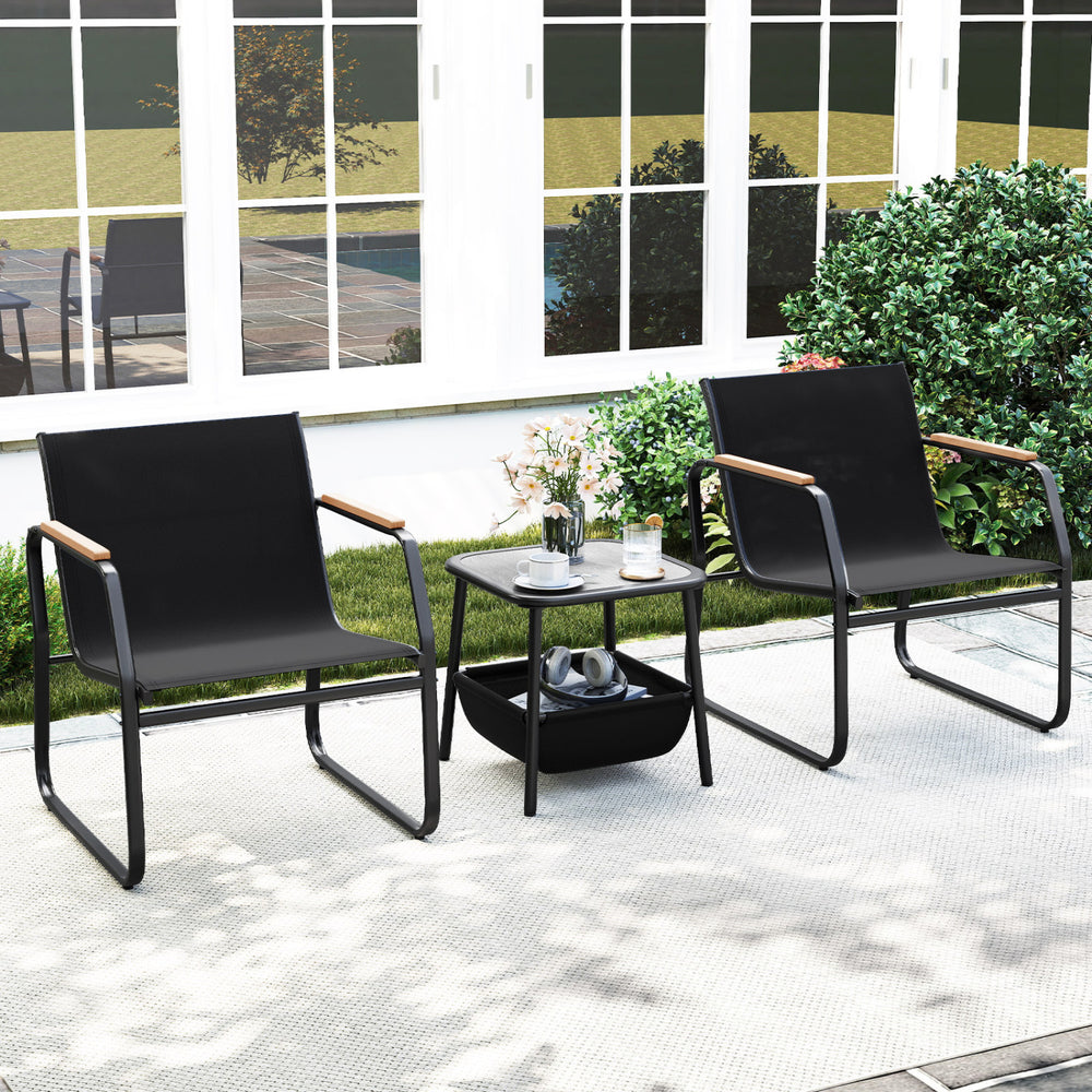 Black 3-piece patio furniture set featuring two chairs with wood accents and a side table, perfect for outdoor bistro.