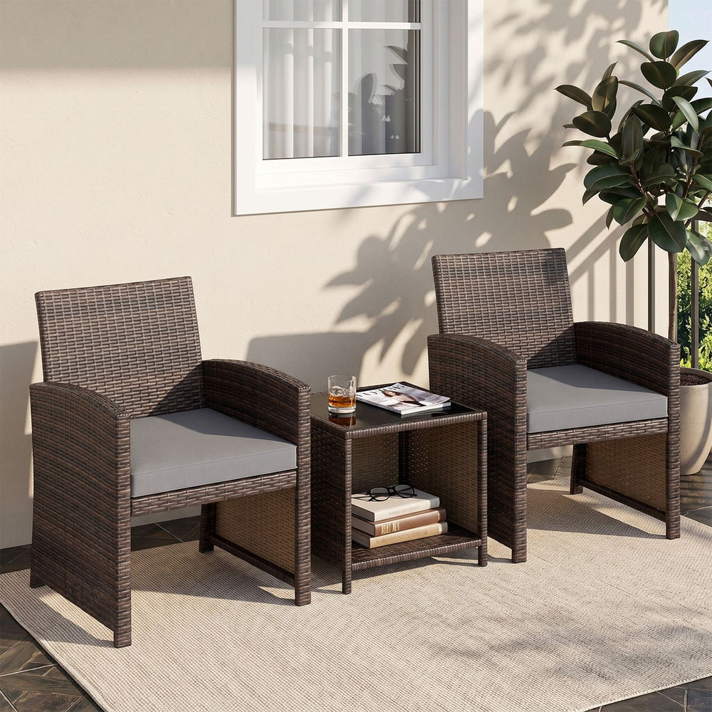 3 Pieces Patio Furniture Set with Tempered Glass Coffee Table and Soft Seat Cushions-Brown - Gallery View 1 of 10