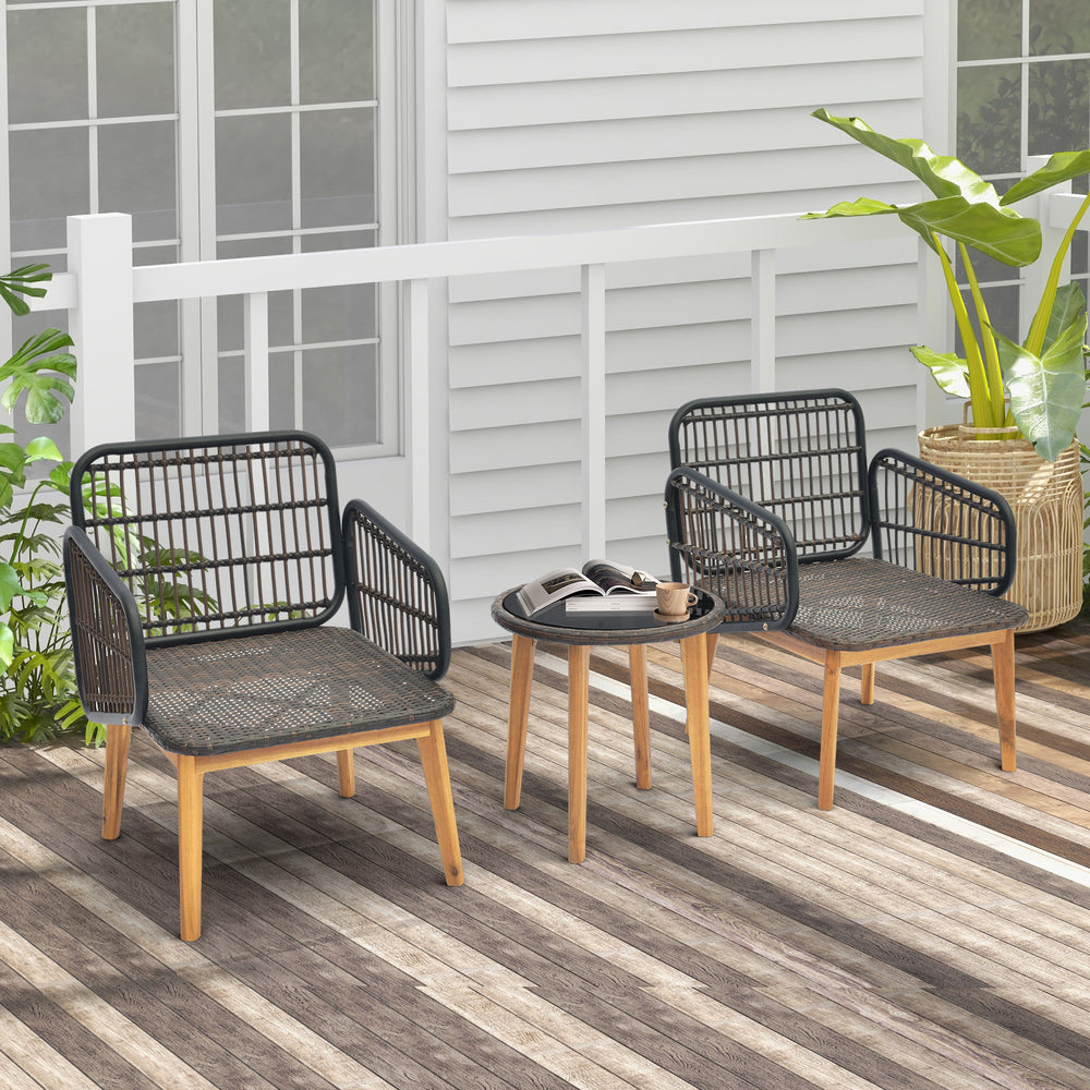 Two cushioned chairs and a tempered glass side table in black PE rattan, perfect for outdoor patio relaxation.