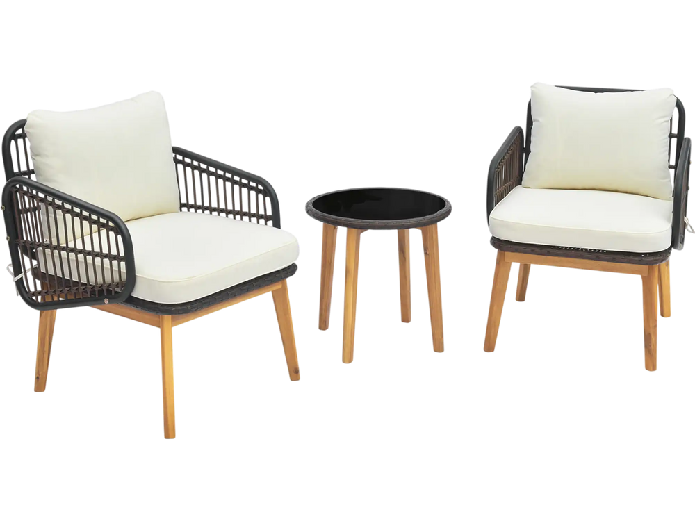 Two cushioned chairs and a tempered glass side table in black, perfect for outdoor patio relaxation.