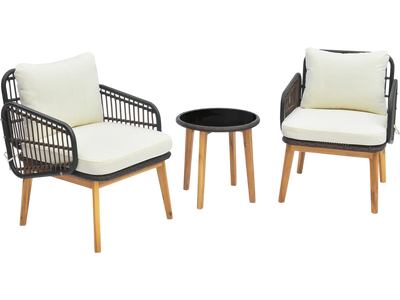 Costway 3-Pc Acacia Wood Patio Furniture Set Cushioned Wicker Chairs Glass Side Table 56742918 New