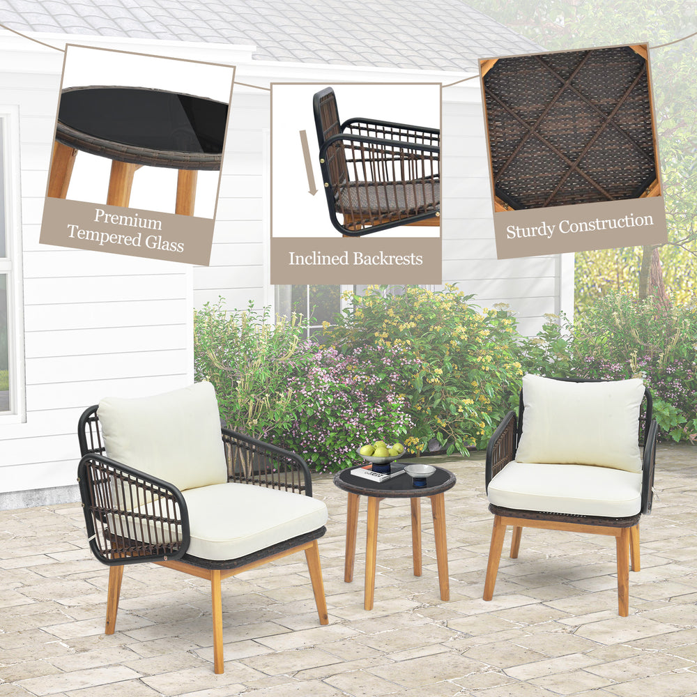 Cushioned chairs and tempered glass side table in a 3-piece patio furniture set for outdoor relaxation.