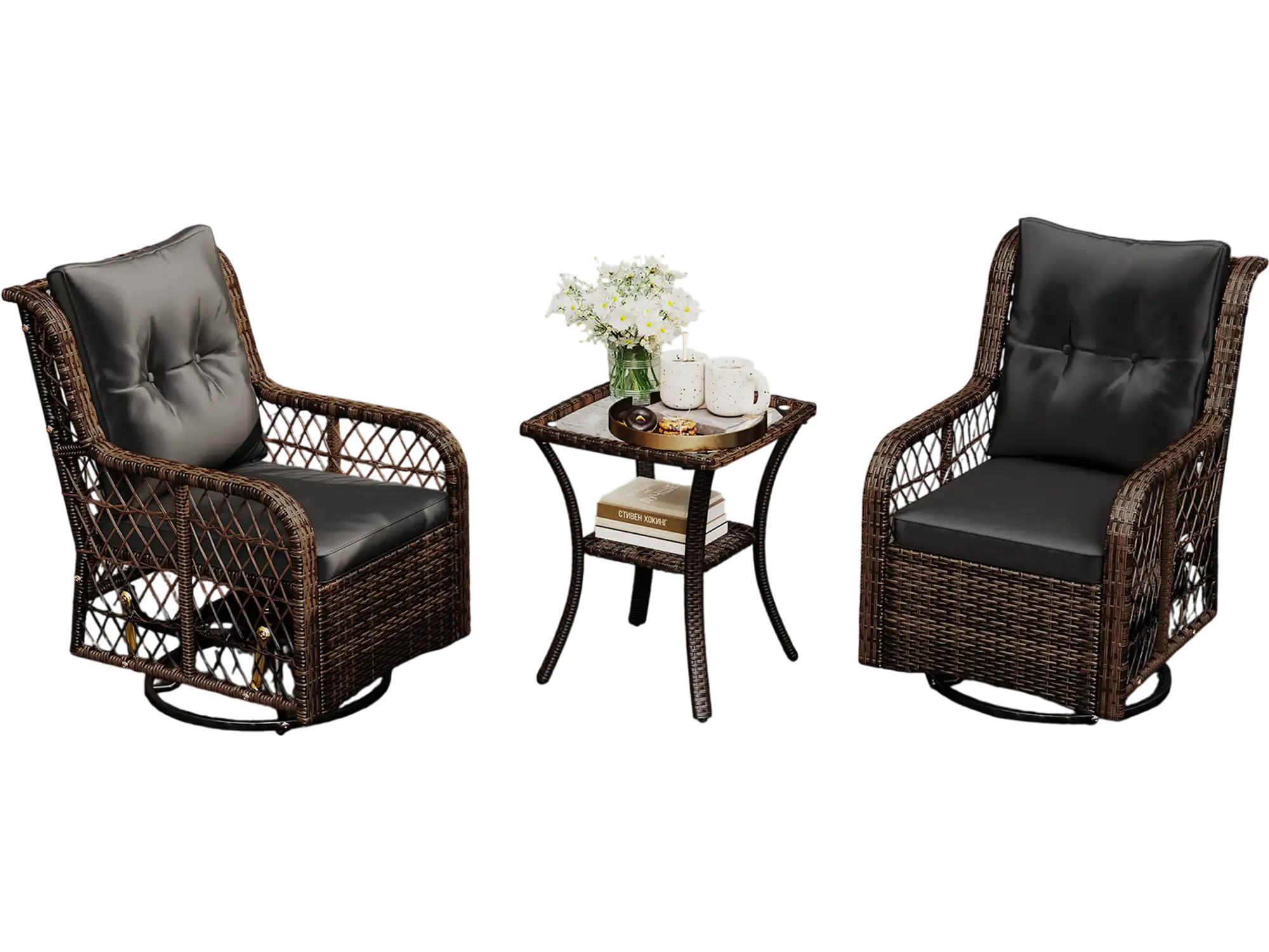 Costway 3-Piece Patio Furniture Set PE Wicker Swivel Glider Chairs Side Table Cushions 953842761 New