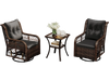 Two PE wicker swivel glider chairs with black cushions and a 2-tier side table, perfect for patio relaxation.