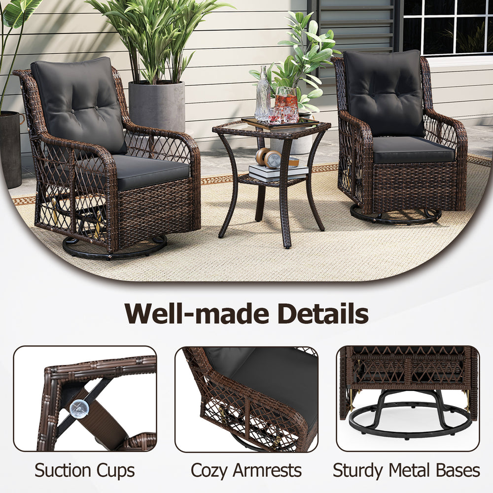 3-piece patio furniture set featuring PE wicker swivel glider chairs and a 2-tier side table for outdoor relaxation.