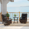 Close-up of the hand-woven PE rattan texture and black cushion of a swivel glider chair, ideal for outdoor seating.