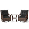 Two PE wicker swivel glider chairs with black cushions and a 2-tier side table, perfect for outdoor patio relaxation.