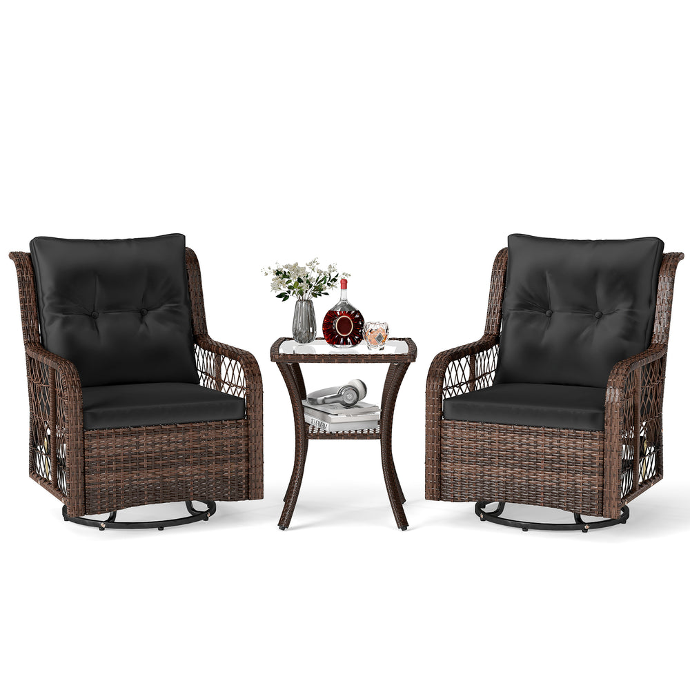 3-piece patio furniture set featuring black PE wicker swivel glider chairs and a 2-tier side table for outdoor.