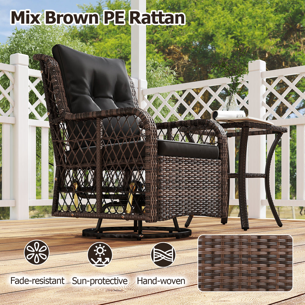 Swivel glider chair in mix brown PE rattan with black cushions, ideal for patio relaxation and comfort.