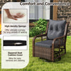 Swivel glider chair with black cushion, high-density sponge, and PE wicker, perfect for patio relaxation.
