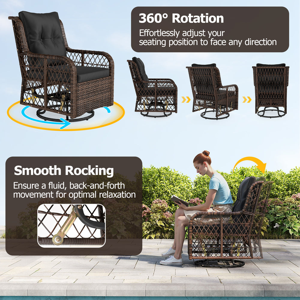 Swivel glider chair with black PE rattan, cushions, and 360° rotation for optimal relaxation on patio or garden.