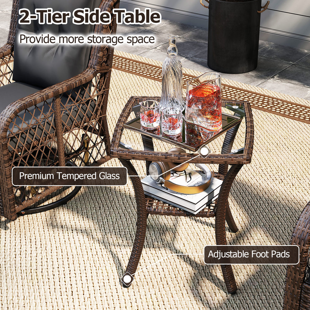 2-tier side table with premium tempered glass top and adjustable foot pads, perfect for patio storage and style.