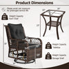 Dimensions chart for the 3-piece patio furniture set, including swivel glider chair and 2-tier side table.