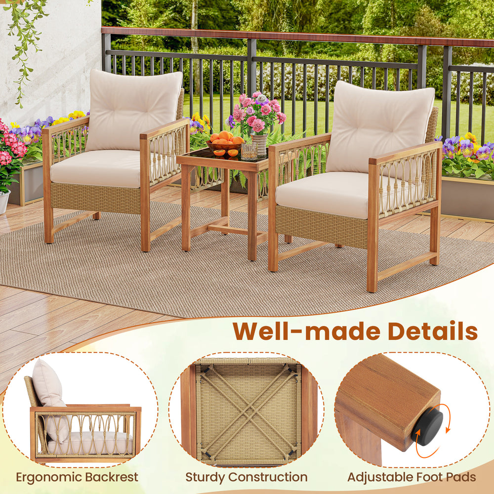 Two cushioned chairs with acacia wood frames and a small table, ideal for patio relaxation and outdoor settings.