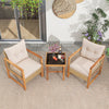 Two acacia wood armchairs with beige cushions and a glass-top table, perfect for outdoor patio relaxation.