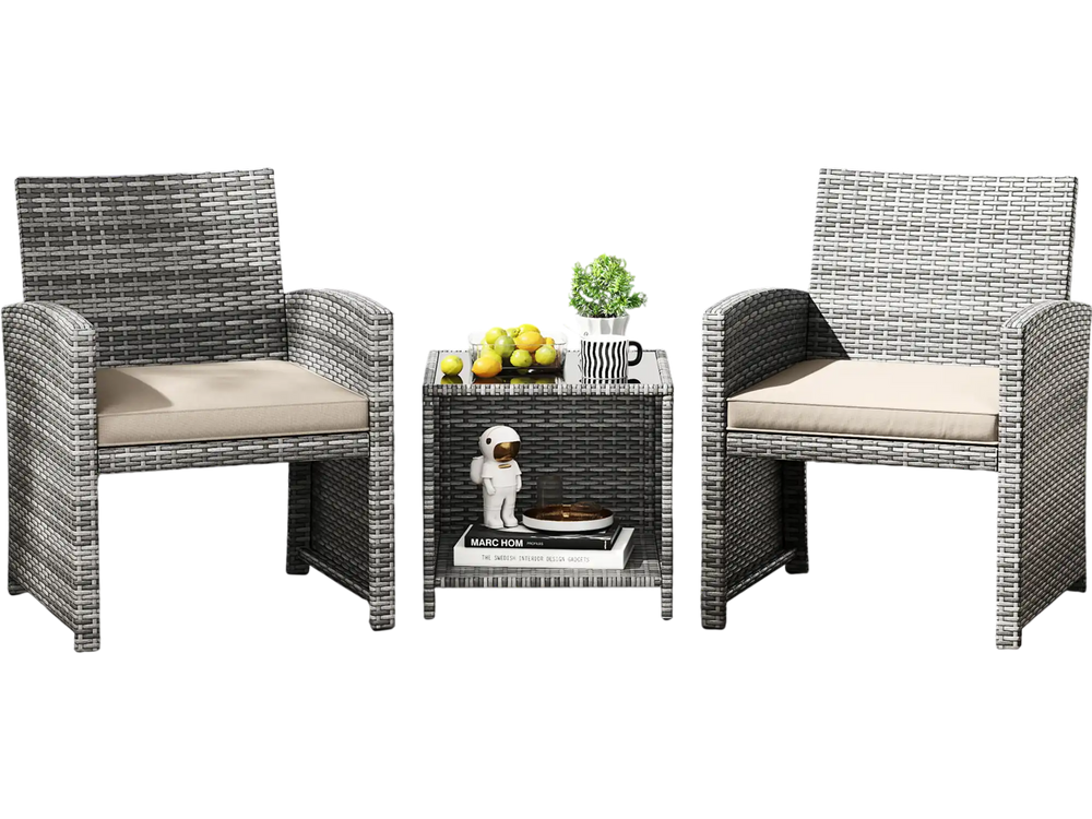 Two chairs with soft seat cushions and a tempered glass coffee table, perfect for outdoor patio relaxation.