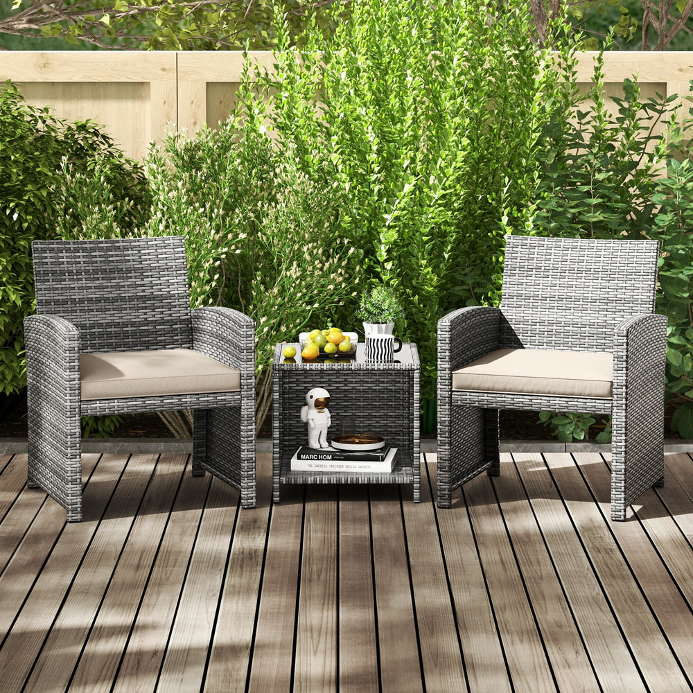 3 Pieces Patio Furniture Set with Tempered Glass Coffee Table and Soft Seat Cushions-White - Gallery View 1 of 10