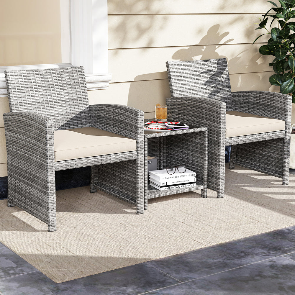 Gray PE rattan chair with soft cushion and sturdy metal frame, designed for comfortable outdoor seating on patios.
