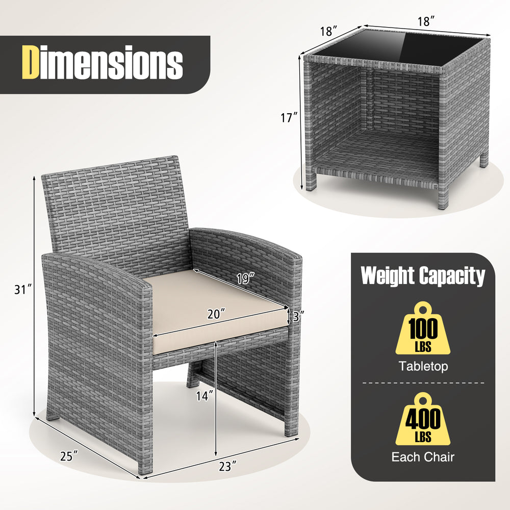 Patio chair with soft seat cushion and PE rattan design, ideal for outdoor use alongside a tempered glass coffee table.