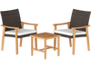 Two acacia wood chairs with white cushions and a square coffee table, perfect for outdoor patio conversation.
