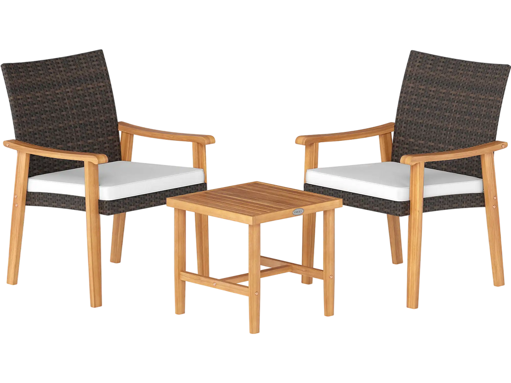 Two acacia wood chairs with white cushions and a square coffee table, perfect for outdoor patio conversation.