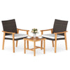 Two cushioned chairs and a square coffee table in acacia wood, perfect for outdoor patio conversation.