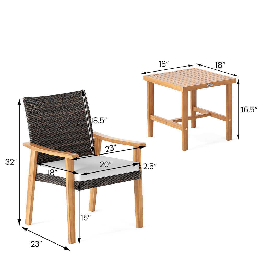Patio PE wicker chair with acacia wood frame and cushioned seat, ideal for outdoor conversation in garden or balcony.