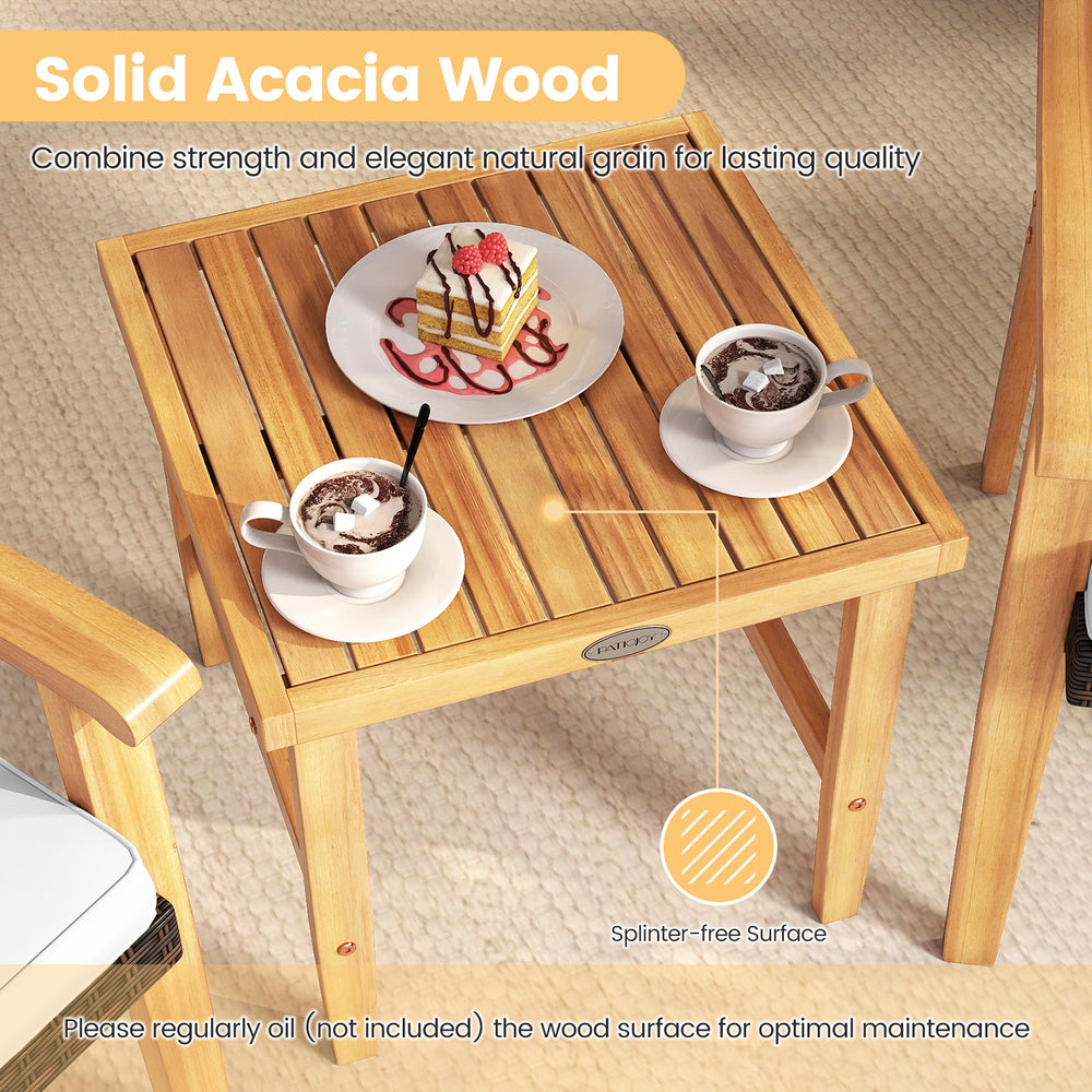 Square coffee table made of solid acacia wood with a splinter-free surface, ideal for outdoor patio use.