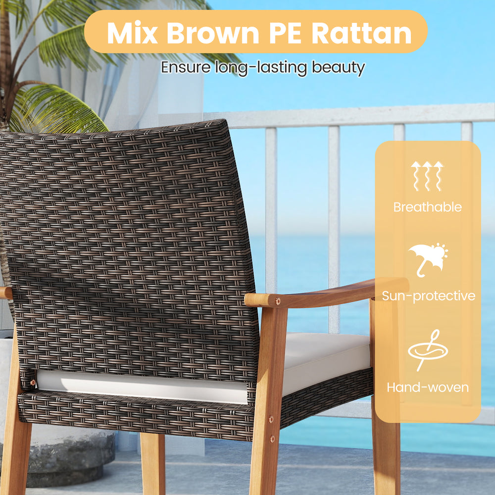 Back view of a mix brown PE rattan chair with acacia wood frame, designed for outdoor comfort and style.
