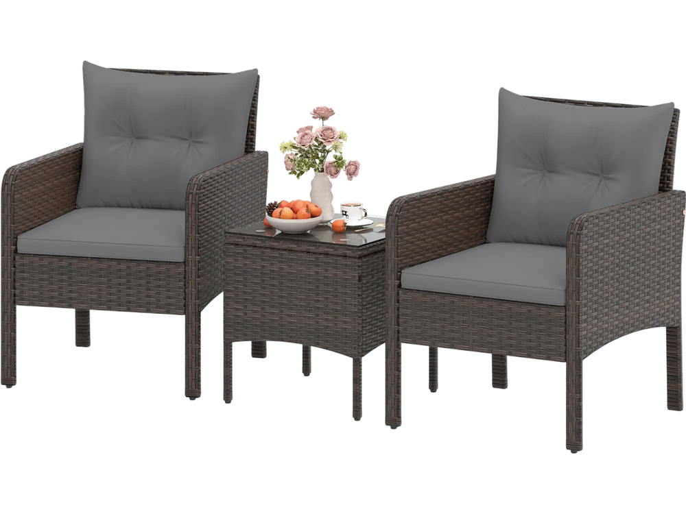 Two gray cushioned chairs and a square coffee table in a 3-piece patio PE wicker furniture set for outdoor relaxation.