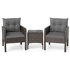 Two gray cushioned chairs with a square coffee table, made of hand-woven PE rattan, perfect for patio or balcony use.