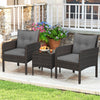 Two gray cushioned chairs and a square coffee table in a PE wicker patio set for outdoor porch and balcony use.