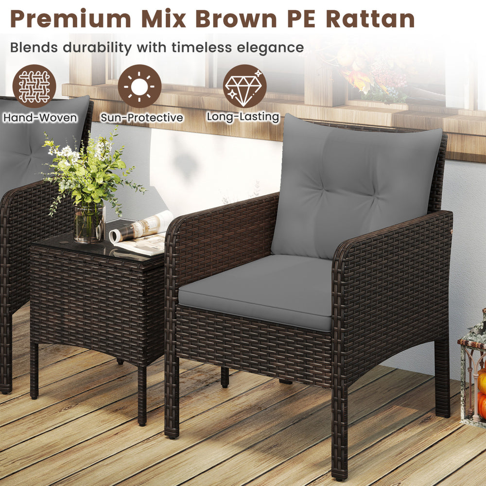 Gray cushioned chair from the 3 Pieces Patio PE Wicker Furniture Set, featuring hand-woven PE rattan for outdoor use.