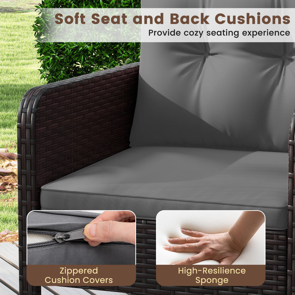 Soft seat and back cushions of the gray patio chair with zippered covers for easy cleaning and enhanced comfort.