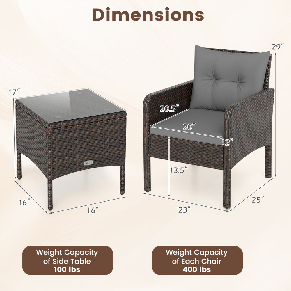 Dimensions of the 3-piece patio PE wicker furniture set with gray cushions, including chair and side table measurements.