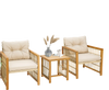 Two beige cushioned chairs and a square coffee table from a 3-piece patio set with acacia wood frame for outdoor.