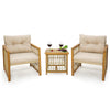 Two beige cushioned chairs with acacia wood frames and a square coffee table, perfect for outdoor patio conversations.
