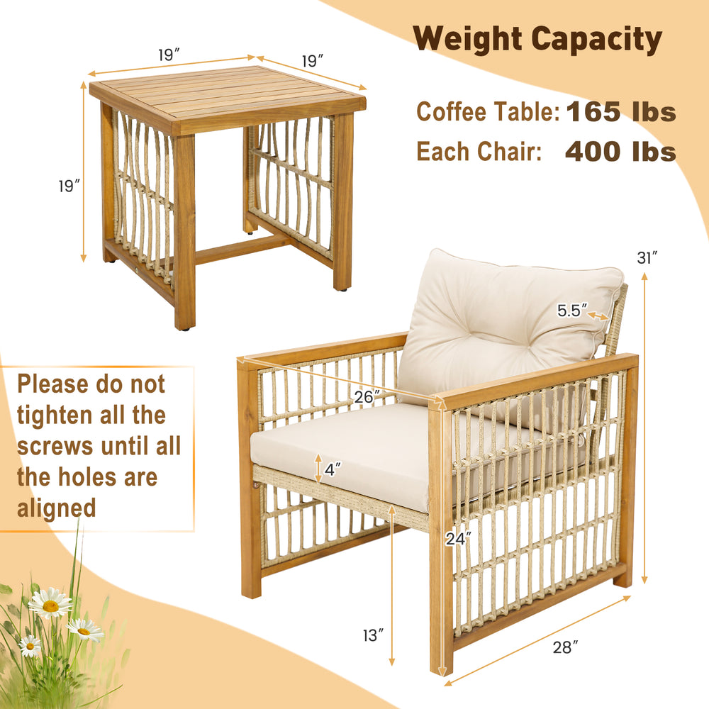 Single chair from the 3 Pieces Patio PE Wicker Set with beige cushion and acacia wood frame, perfect for outdoor.
