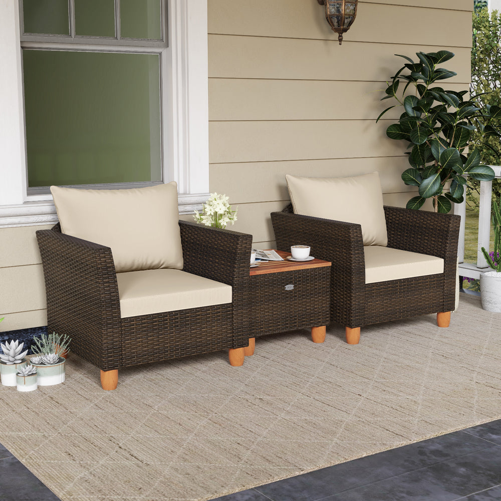 3 Pieces Patio PE Wicker Furniture Set with Cushions and Acacia Wood Storage Coffee Table-Beige - Gallery View 1 of 10