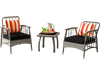 Two gray patio chairs with striped cushions and a square coffee table, perfect for outdoor relaxation.