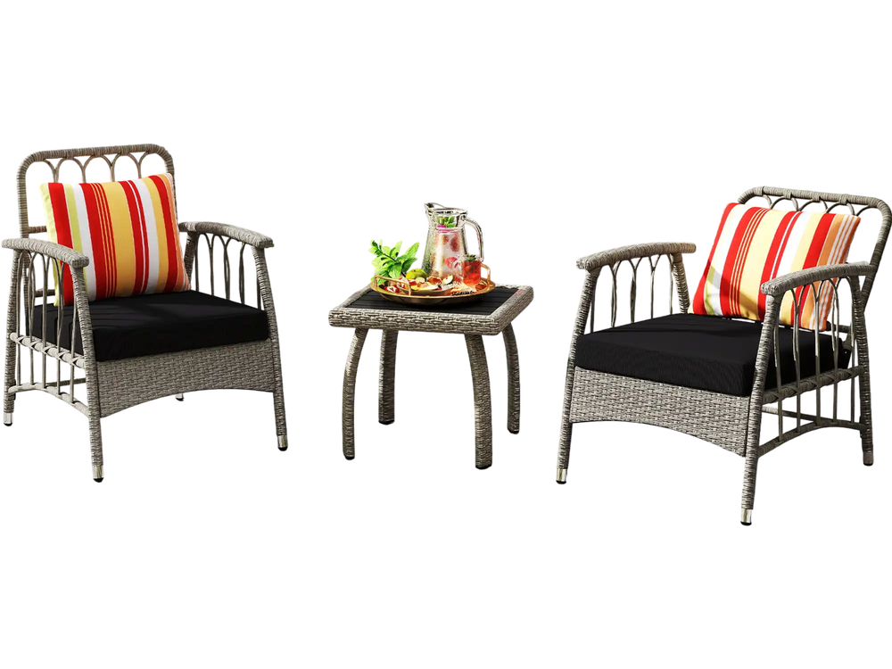 Two gray patio chairs with striped cushions and a square coffee table, perfect for outdoor relaxation.
