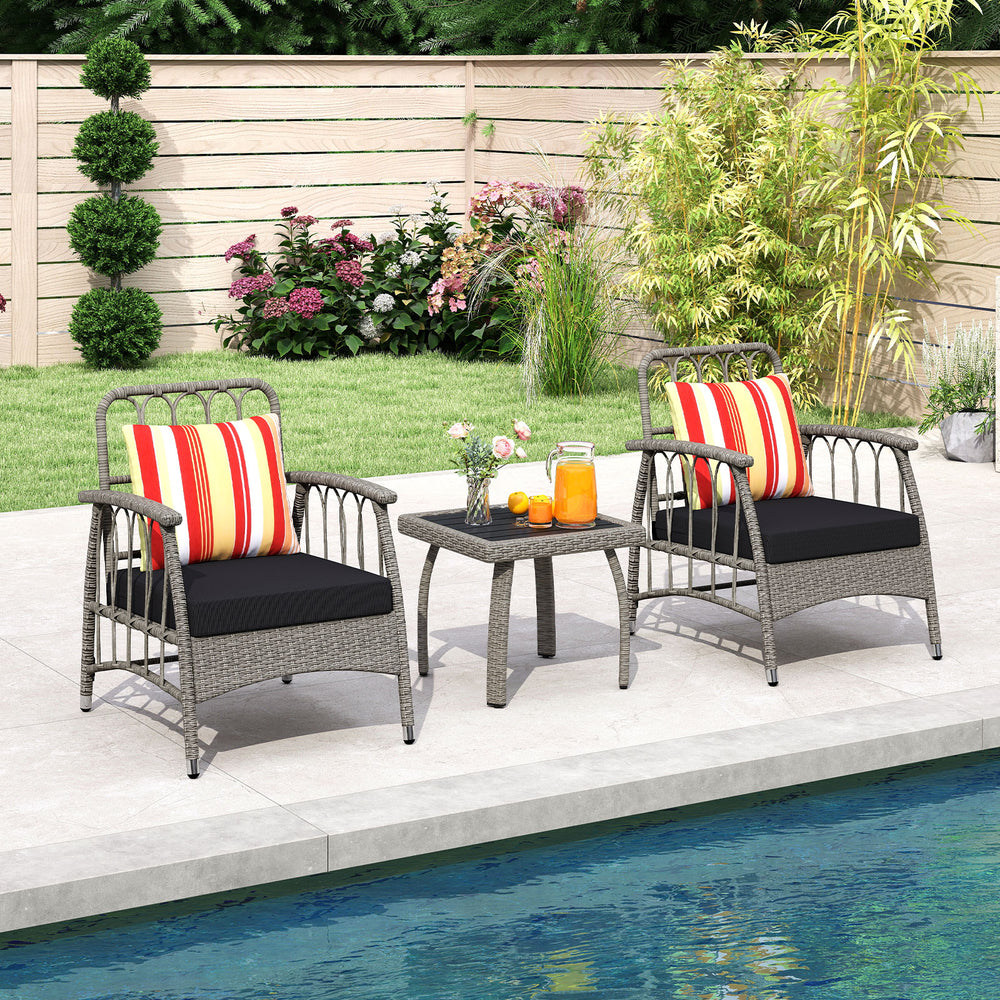 Two gray PE wicker patio chairs with striped cushions and a square coffee table, perfect for outdoor relaxation by the.